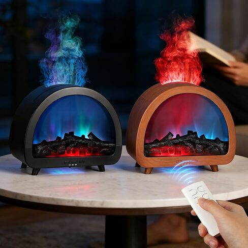 2 Pack Flame Essential Oil Diffuser 200ml Ultrasonic Cool Mist Humidifier 12 Colors LED Light with Remote Control Aromatherapy Diffuser for Home Bedroom Hotel Office Spa Yoga,Wooden Grain+Black in Saudi Arabia