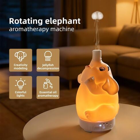 Morbou Rotating Elephant Diffuser with Color Gradient Light, Ultrasonic Silent Essential Oil Diffuser for Home Bedroom and Office, Cute Decorative Humidifier with Remote Control in Kuwait