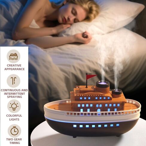 Wood-Look Cartoon Boat Ornament Oil Diffusers with 300ml Capacity for Large Rooms, Auto Shut-Off Dual-Hole Spraying Mist & 8-Hour Aromatherapy Humidifier, Type-C Port Connection for Bedroom Office in Saudi Arabia