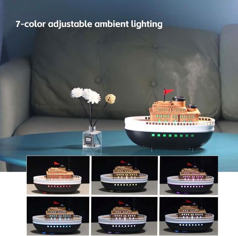 Wood-Look Cartoon Boat Ornament Oil Diffusers with 300ml Capacity for Large Rooms, Auto Shut-Off Dual-Hole Spraying Mist & 8-Hour Aromatherapy Humidifier, Type-C Port Connection for Bedroom Office in Saudi Arabia