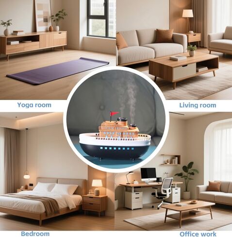 Wood-Look Cartoon Boat Ornament Oil Diffusers with 300ml Capacity for Large Rooms, Auto Shut-Off Dual-Hole Spraying Mist & 8-Hour Aromatherapy Humidifier, Type-C Port Connection for Bedroom Office in Saudi Arabia