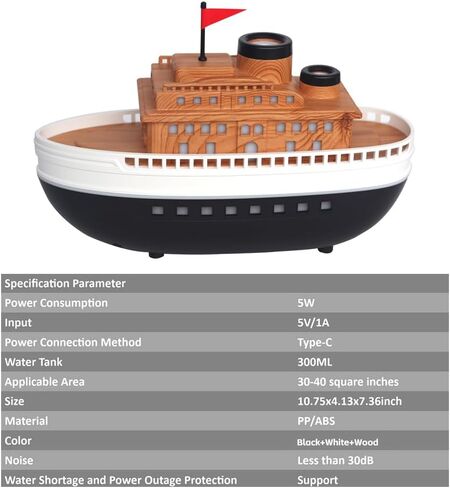 Wood-Look Cartoon Boat Ornament Oil Diffusers with 300ml Capacity for Large Rooms, Auto Shut-Off Dual-Hole Spraying Mist & 8-Hour Aromatherapy Humidifier, Type-C Port Connection for Bedroom Office in Saudi Arabia