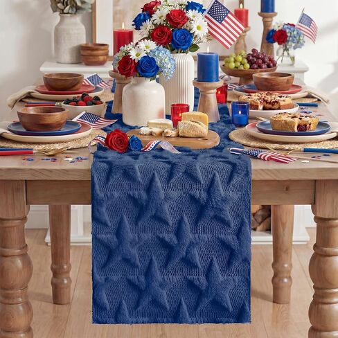 Artoid Mode Blue Soft Plush Faux Fur Jacquard Big Stars 4th of July Table Runner, Memorial Day Holiday Kitchen Dining Table Decoration for Home Party Decor 13x72 Inch in Saudi Arabia