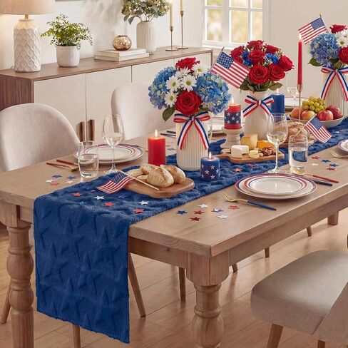 Artoid Mode Blue Soft Plush Faux Fur Jacquard Big Stars 4th of July Table Runner, Memorial Day Holiday Kitchen Dining Table Decoration for Home Party Decor 13x72 Inch in Saudi Arabia
