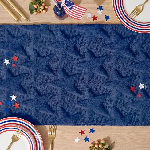Artoid Mode Blue Soft Plush Faux Fur Jacquard Big Stars 4th of July Table Runner, Memorial Day Holiday Kitchen Dining Table Decoration for Home Party Decor 13x72 Inch in Saudi Arabia