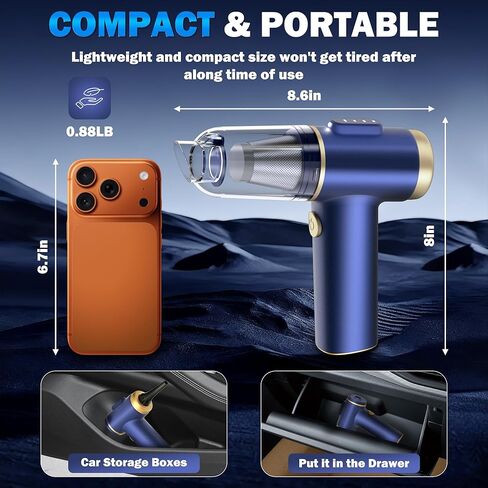 Handheld Car Vacuum Cleaner, 2-in-1 Portable Mini Car Vacuum Cleaner,21000Pa High Power & Air Duster, Handheld Vacuum Cordless with LED Light and Multi-Nozzles for Car,Home,Office,Pet(Blue) in Saudi Arabia
