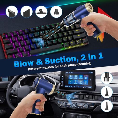 Handheld Car Vacuum Cleaner, 2-in-1 Portable Mini Car Vacuum Cleaner,21000Pa High Power & Air Duster, Handheld Vacuum Cordless with LED Light and Multi-Nozzles for Car,Home,Office,Pet(Blue) in Saudi Arabia