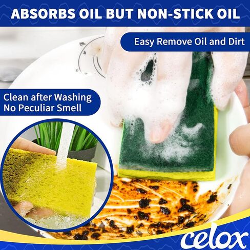 CELOX Sponges Kitchen Sponges for Dishes and Cleaning, 2-Sided Scrub Sponges Dish Sponge and Kitchen Sponge for Washing Dishes, Heavy Duty, Non-Scratch, Sinks, Household Use, Green and Yellow, 12-Pack in Kuwait