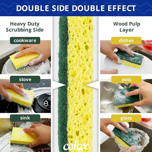 CELOX Sponges Kitchen Sponges for Dishes and Cleaning, 2-Sided Scrub Sponges Dish Sponge and Kitchen Sponge for Washing Dishes, Heavy Duty, Non-Scratch, Sinks, Household Use, Green and Yellow, 12-Pack in Kuwait