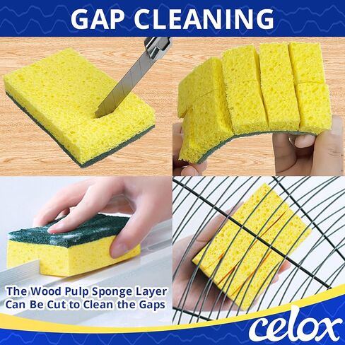 CELOX Sponges Kitchen Sponges for Dishes and Cleaning, 2-Sided Scrub Sponges Dish Sponge and Kitchen Sponge for Washing Dishes, Heavy Duty, Non-Scratch, Sinks, Household Use, Green and Yellow, 12-Pack in Kuwait