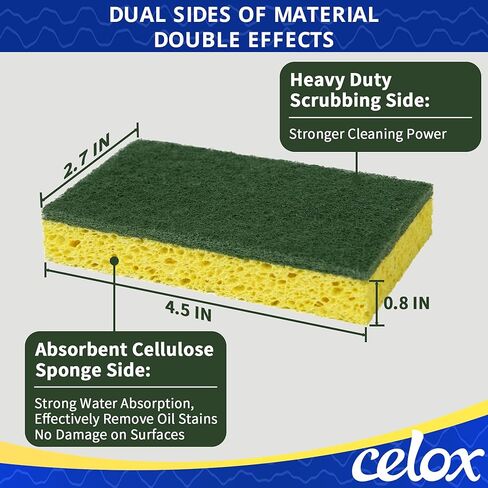 CELOX Sponges Kitchen Sponges for Dishes and Cleaning, 2-Sided Scrub Sponges Dish Sponge and Kitchen Sponge for Washing Dishes, Heavy Duty, Non-Scratch, Sinks, Household Use, Green and Yellow, 12-Pack in Kuwait