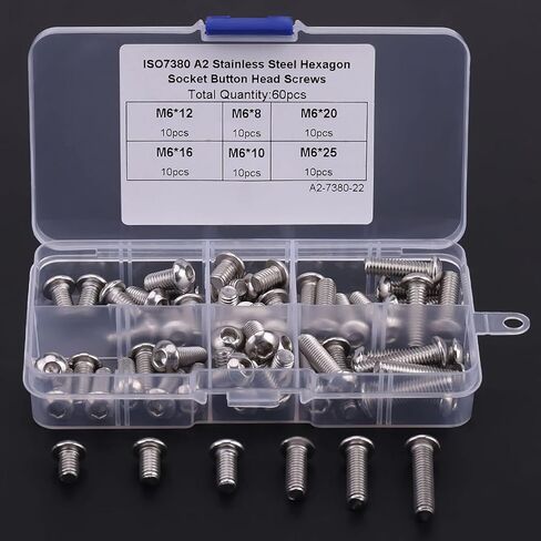 Stainless Steel Button Head Hex Socket Screws 60PCS M6 with Plastic Box, Hex Wrench Fastener, 6 Sizes, for Home/Office/Furniture in Saudi Arabia