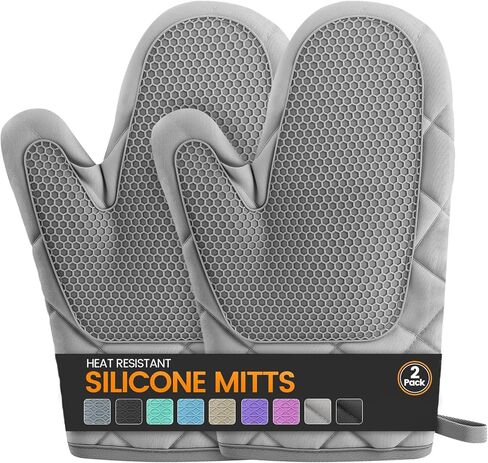 Silicone Oven Mitts, Heat Resistant 2PCS Oven Mitts with Soft Cotton Lining, Waterproof Non-Slip Grip Oven Glove, Kitchen Potholder Mits for BBQ, Baking, Cooking, 12.5 Inch - Grey in Saudi Arabia
