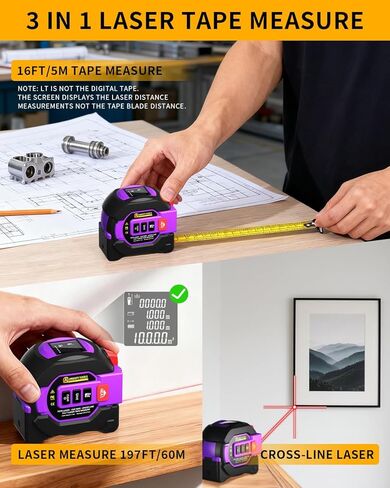 3 in 1 Digital Laser Tape Measure, 197ft/60m Laser Distance Meter, 16ft/5m Digital Tape Measure with Cross Line, AutoLock, ft/in/m Unit Switch, Measure Area, Volume, Pythagorean in Saudi Arabia
