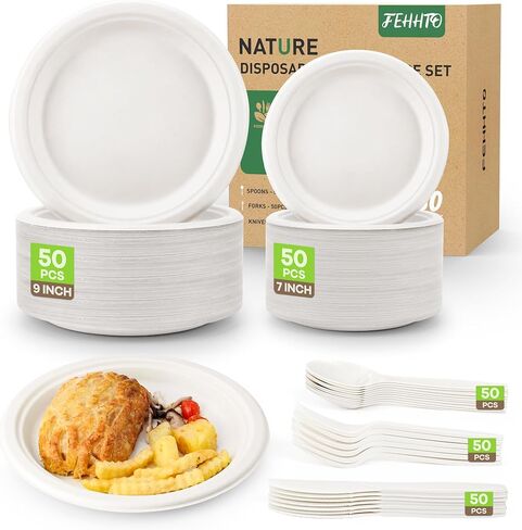 Compostable Paper Plates Set, 250PCS Disposable Heavy-Duty Sugarcane Plate and Eco-Friendly Utensil Biodegradable Dinnerware Plates, Extra Long Forks & Knives & Spoons for Party in Saudi Arabia