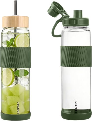 32 oz Glass Water Bottle with Straw and Handle, Large Sports Water Tumbler with 2 Lids, Leak-proof BPA Free Water Jug Canteen with Silicone Sleeve for Gym Sports Outdoor, 1 Pack in Saudi Arabia