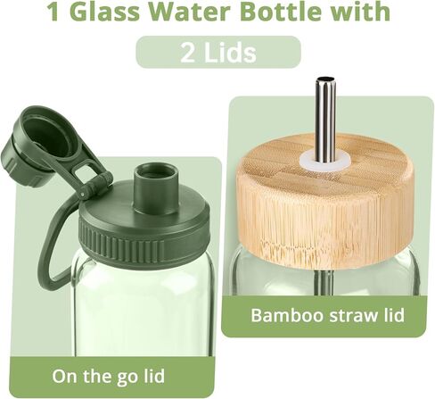 32 oz Glass Water Bottle with Straw and Handle, Large Sports Water Tumbler with 2 Lids, Leak-proof BPA Free Water Jug Canteen with Silicone Sleeve for Gym Sports Outdoor, 1 Pack in Saudi Arabia
