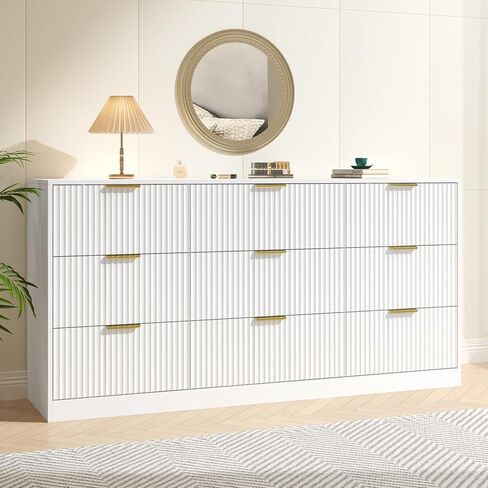 White Dresser for Bedroom with 9 Drawers, 63" Wide White Fluted Dresser Modern Chest of Drawers with Gold Handles, Wooden TV Stand Storage Organizer for Bedroom, Living Room in Saudi Arabia