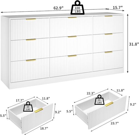 White Dresser for Bedroom with 9 Drawers, 63" Wide White Fluted Dresser Modern Chest of Drawers with Gold Handles, Wooden TV Stand Storage Organizer for Bedroom, Living Room in Saudi Arabia
