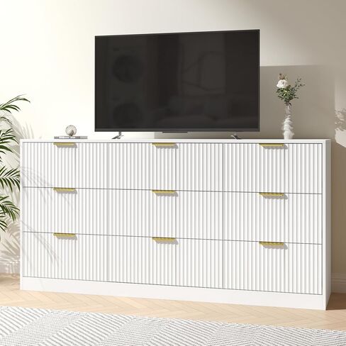 White Dresser for Bedroom with 9 Drawers, 63" Wide White Fluted Dresser Modern Chest of Drawers with Gold Handles, Wooden TV Stand Storage Organizer for Bedroom, Living Room in Saudi Arabia