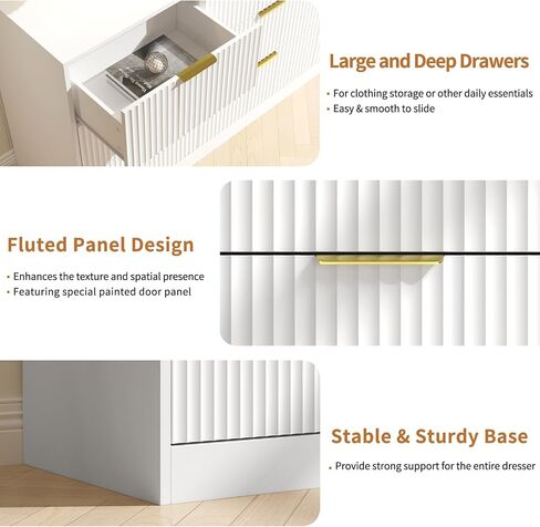 White Dresser for Bedroom with 9 Drawers, 63" Wide White Fluted Dresser Modern Chest of Drawers with Gold Handles, Wooden TV Stand Storage Organizer for Bedroom, Living Room in Saudi Arabia