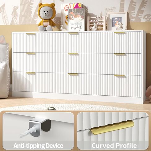 White Dresser for Bedroom with 9 Drawers, 63" Wide White Fluted Dresser Modern Chest of Drawers with Gold Handles, Wooden TV Stand Storage Organizer for Bedroom, Living Room in Saudi Arabia