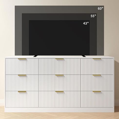 White Dresser for Bedroom with 9 Drawers, 63" Wide White Fluted Dresser Modern Chest of Drawers with Gold Handles, Wooden TV Stand Storage Organizer for Bedroom, Living Room in Saudi Arabia