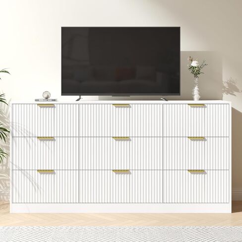 White Dresser for Bedroom with 9 Drawers, 63" Wide White Fluted Dresser Modern Chest of Drawers with Gold Handles, Wooden TV Stand Storage Organizer for Bedroom, Living Room in Saudi Arabia
