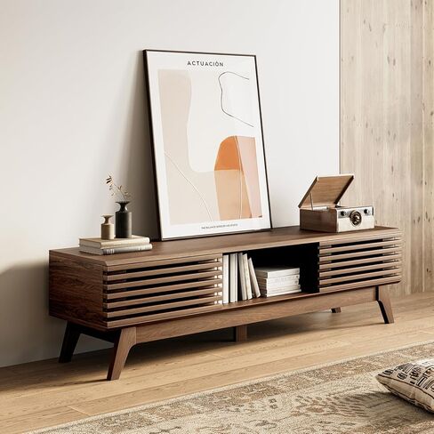 AODK 59" TV Stand for 55"/60"/65" TVs, Mid-Century Modern Fluted Entertainment Center with Sliding Doors, Storage Cabinets & Media Console Table, Living Room & Bedroom, Walnut in Saudi Arabia