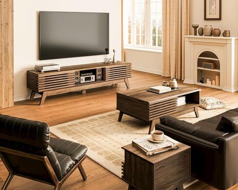 AODK 59" TV Stand for 55"/60"/65" TVs, Mid-Century Modern Fluted Entertainment Center with Sliding Doors, Storage Cabinets & Media Console Table, Living Room & Bedroom, Walnut in Saudi Arabia