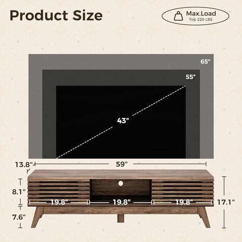 AODK 59" TV Stand for 55"/60"/65" TVs, Mid-Century Modern Fluted Entertainment Center with Sliding Doors, Storage Cabinets & Media Console Table, Living Room & Bedroom, Walnut in Saudi Arabia