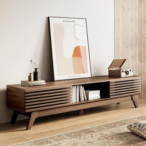AODK 59" TV Stand for 55"/60"/65" TVs, Mid-Century Modern Fluted Entertainment Center with Sliding Doors, Storage Cabinets & Media Console Table, Living Room & Bedroom, Walnut in Saudi Arabia