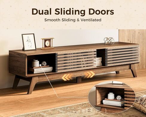 AODK 59" TV Stand for 55"/60"/65" TVs, Mid-Century Modern Fluted Entertainment Center with Sliding Doors, Storage Cabinets & Media Console Table, Living Room & Bedroom, Walnut in Saudi Arabia