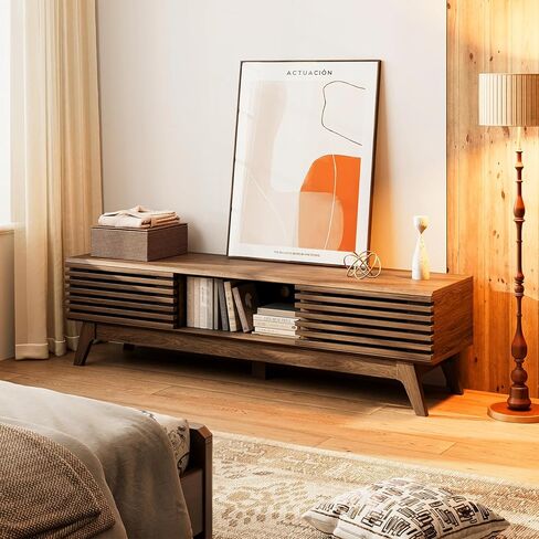AODK 59" TV Stand for 55"/60"/65" TVs, Mid-Century Modern Fluted Entertainment Center with Sliding Doors, Storage Cabinets & Media Console Table, Living Room & Bedroom, Walnut in Saudi Arabia