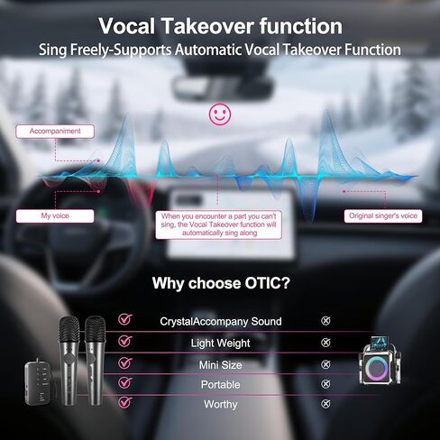 جهاز كاريوكي محمول OTIC AI، ميكروفونات كاريوكي متعددة الوظائف ومحول متعدد الاقتران، ميزة إزالة الصوت التلقائي/الغناء على طول؛ يدعم الغناء في المنزل/الخارج/السيارة للحفلات والتخييم والسفر in Kuwait