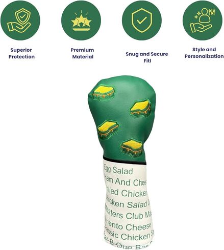 Pimento Cheese Fairway Wood Golf Club Head Cover, Masters Menu Design, Green and White Fairway Wood Headcover with Sandwich Pattern, Durable Golf Headcovers for Fairway Woods in Kuwait