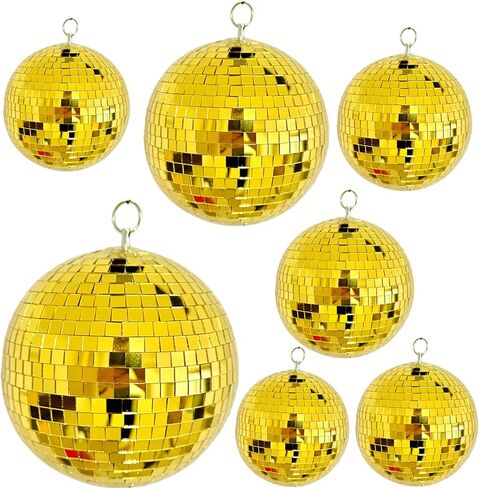 كرة ديسكو مرآة عاكسة مقاس 8 بوصة لحفلات الديسكو المعلقة لأرضية الرقص وحفلات الزفاف والعطلات وديكور المنزل وأحداث الدي جي - كرة مرآة ذهبية من الزجاج الحقيقي مع حلقة تعليق in Kuwait