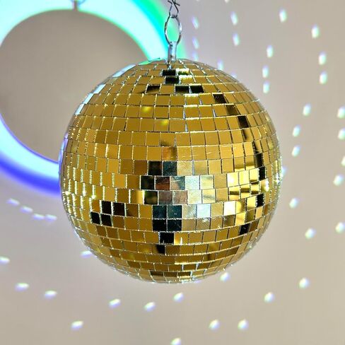 كرة ديسكو مرآة عاكسة مقاس 8 بوصة لحفلات الديسكو المعلقة لأرضية الرقص وحفلات الزفاف والعطلات وديكور المنزل وأحداث الدي جي - كرة مرآة ذهبية من الزجاج الحقيقي مع حلقة تعليق in Kuwait