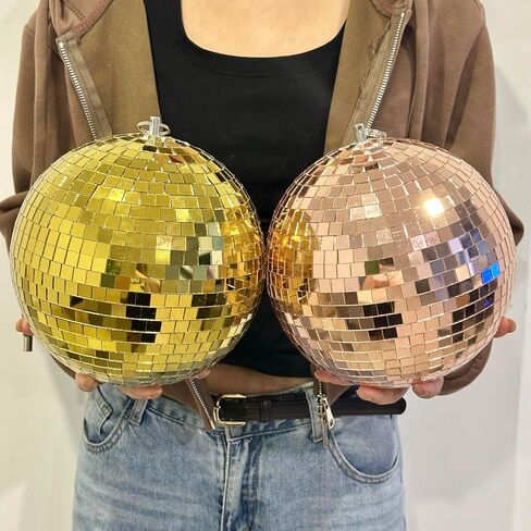 كرة ديسكو مرآة عاكسة مقاس 8 بوصة لحفلات الديسكو المعلقة لأرضية الرقص وحفلات الزفاف والعطلات وديكور المنزل وأحداث الدي جي - كرة مرآة ذهبية من الزجاج الحقيقي مع حلقة تعليق in Kuwait