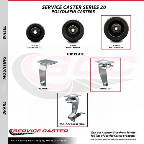 Tool Box Caster Wheel Set - 6 Inch Flat Free, Easy Rolling Polyolefin Wheels - Industrial Grade - 4 Swivel Casters with Top Lock Brakes - Service Caster Brand in Saudi Arabia