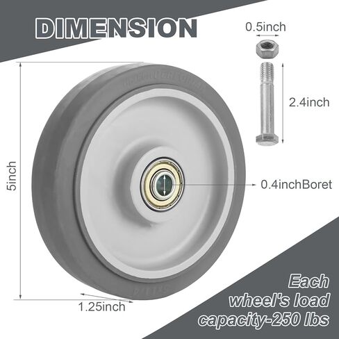 STARVAST 6PCS Shopping Cart Replacement Wheels Kit, 5-inch Diameter Wheels with Axles Bolt, Bearing Shopping Cart Wheel, Polyurethane Tread Face, Grey in Saudi Arabia
