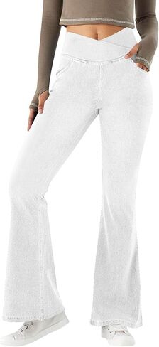 SHOPESSA Bell Bottom Jeans Women Crossover Flare Yoga Leggings with Pockets Plus Size Wide Leg Jeggings Stretch Pull On Pants in Saudi Arabia