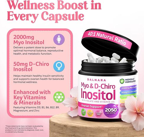 مكمل Myo-Inositol & D-Chiro Inositol للنساء - كبسولات إينوزيتول بنسبة 40:1 مع حمض الفوليك وفيتامين D3 والمغنيسيوم والزنك - دعم المبيض إينوزيتول متعدد الفيتامينات - 2050 مجم، 120 قطعة in Saudi Arabia