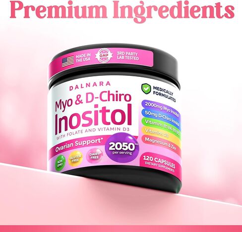 مكمل Myo-Inositol & D-Chiro Inositol للنساء - كبسولات إينوزيتول بنسبة 40:1 مع حمض الفوليك وفيتامين D3 والمغنيسيوم والزنك - دعم المبيض إينوزيتول متعدد الفيتامينات - 2050 مجم، 120 قطعة in Saudi Arabia