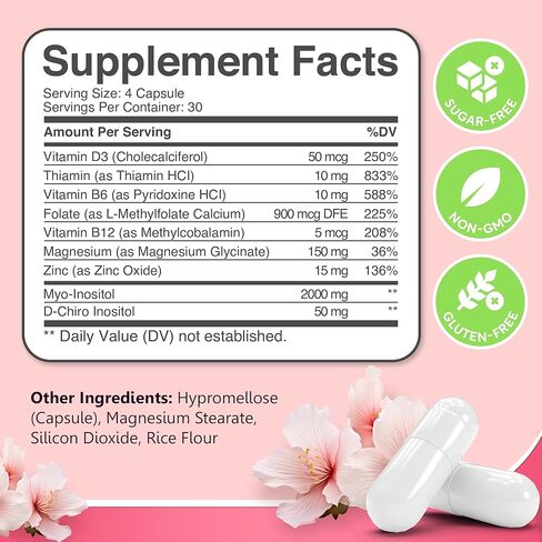 مكمل Myo-Inositol & D-Chiro Inositol للنساء - كبسولات إينوزيتول بنسبة 40:1 مع حمض الفوليك وفيتامين D3 والمغنيسيوم والزنك - دعم المبيض إينوزيتول متعدد الفيتامينات - 2050 مجم، 120 قطعة in Saudi Arabia