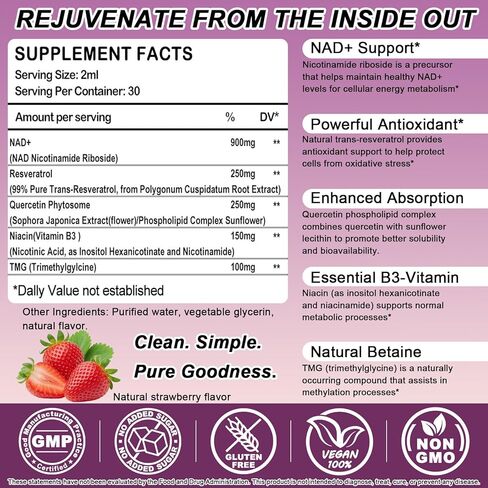 NAD+ Supplements for Men & Women, Extra Strength NMN Alternative Liposomal Nad⁺ Supplement with Resveratrol Quercetin for Cellular Energy & NAD+ Levels, Fast Absorption Liquid NAD Plus丨NON-GMO, 2Fl Oz in Kuwait