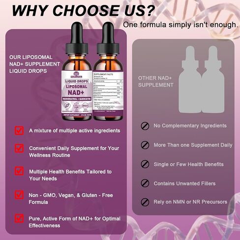 NAD+ Supplements for Men & Women, Extra Strength NMN Alternative Liposomal Nad⁺ Supplement with Resveratrol Quercetin for Cellular Energy & NAD+ Levels, Fast Absorption Liquid NAD Plus丨NON-GMO, 2Fl Oz in Kuwait