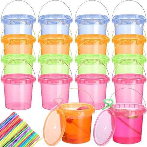 Funnymoom 16 Pack 32 oz Plastic Rum Buckets for Drinks with Straws Ice Cream Cocktail Bucket with Lids and Handles Reusable Food Containers Cup for Parties Summer Beach Bar Beer (Muticolor) in Saudi Arabia