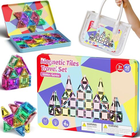 42 Pcs Mini Travel Glitter Diamond Magnetic Tiles Magnetic Block Set with Storage Box - STEM Educational Sensory Preschool Building Toy for Toddlers, Ideal Kids Gifts for Ages 2 3 4 5 6 7 8 9 in Saudi Arabia