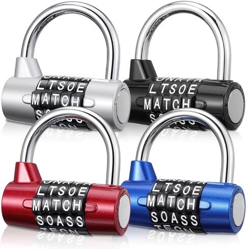 4 عبوات من 5 أحرف - أقفال كلمات قابلة لإعادة الضبط بدون مفتاح لخزائن الصالة الرياضية وصناديق الأدوات والخزائن والمشبك - سبائك الزنك شديدة التحمل، مجموعة مكونة من 5 أرقام (أسود، فضي، أحمر، أزرق) in Kuwait